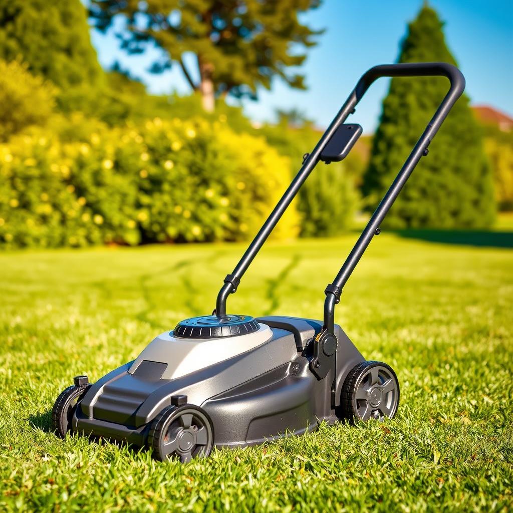 A lightweight, ergonomic lawn mower with a sleek, modern design. It sits on a well-manicured lawn, surrounded by lush greenery and a clear blue sky. The mower's handle is angled for a comfortable, natural grip, and its compact size makes it easy to maneuver around tight corners and obstacles. The mower's deck is constructed from durable, lightweight materials, and its powerful motor effortlessly tackles the grass, leaving behind a pristine, even cut. The scene is illuminated by warm, soft lighting, creating a pleasant, inviting atmosphere that emphasizes the mower's ease of use and handling.
