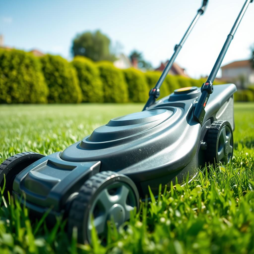 A well-lit, close-up view of a cordless electric lawn mower undergoing maintenance. The mower's battery is being removed, its blades are being inspected and cleaned, and the air filter is being checked. The foreground shows the mower's deck and wheels in sharp detail, while the background features a neatly trimmed lawn and a clear blue sky. The lighting is natural and diffused, creating a sense of crisp, clean efficiency. The overall mood is one of diligent, methodical care, highlighting the importance of proper maintenance for longevity and performance.