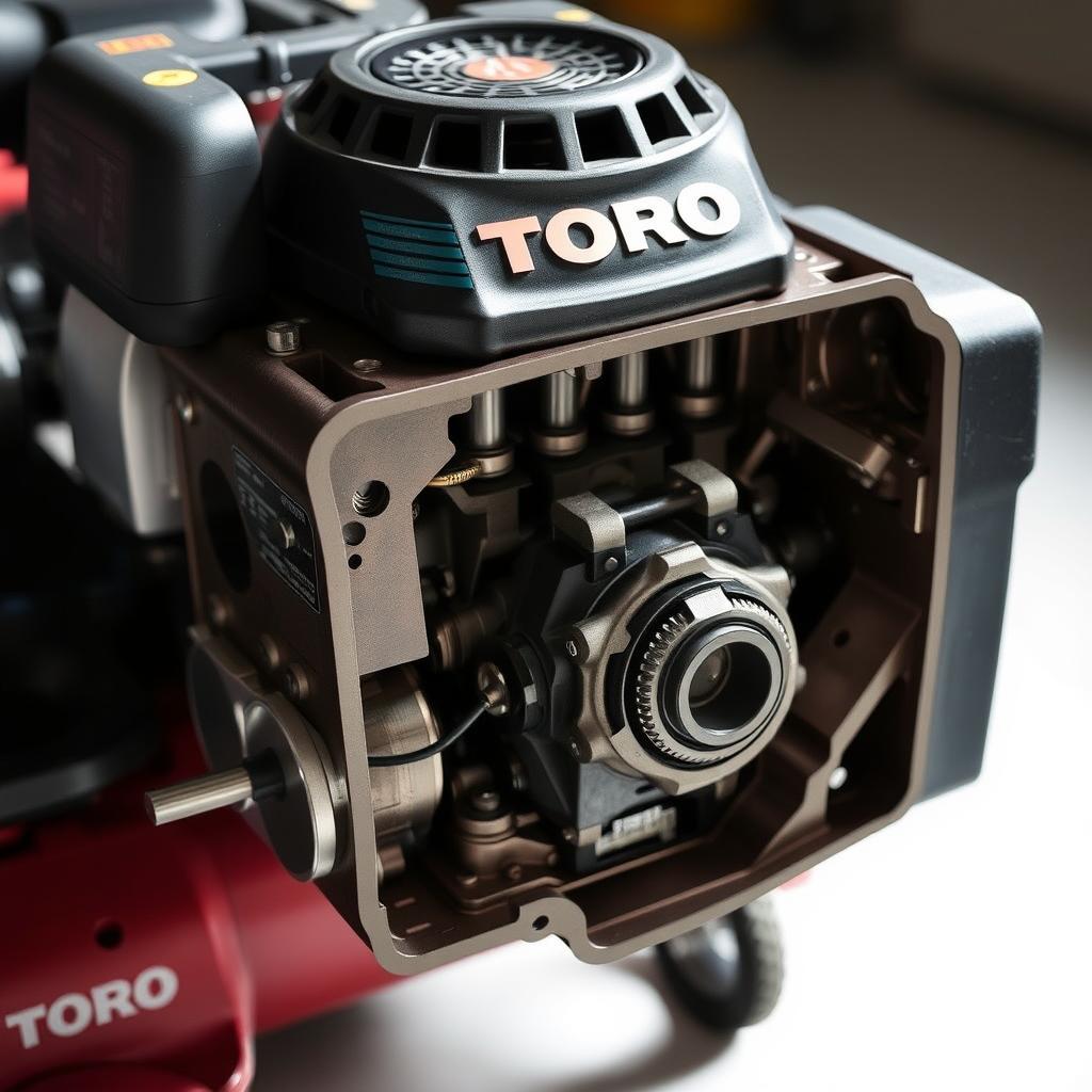 A Toro Recycler 20340 lawn mower engine, its internal components exposed, showcasing common performance issues. The engine block is visible, with pistons and crankshaft in view, surrounded by a detailed cutaway view. The lighting is soft and directional, highlighting the mechanical intricacies. The scene conveys a sense of technical inspection, with a focus on diagnosing and troubleshooting potential problems. The overall mood is one of analytical inquiry, inviting the viewer to explore the inner workings of the engine and understand the sources of its performance challenges.