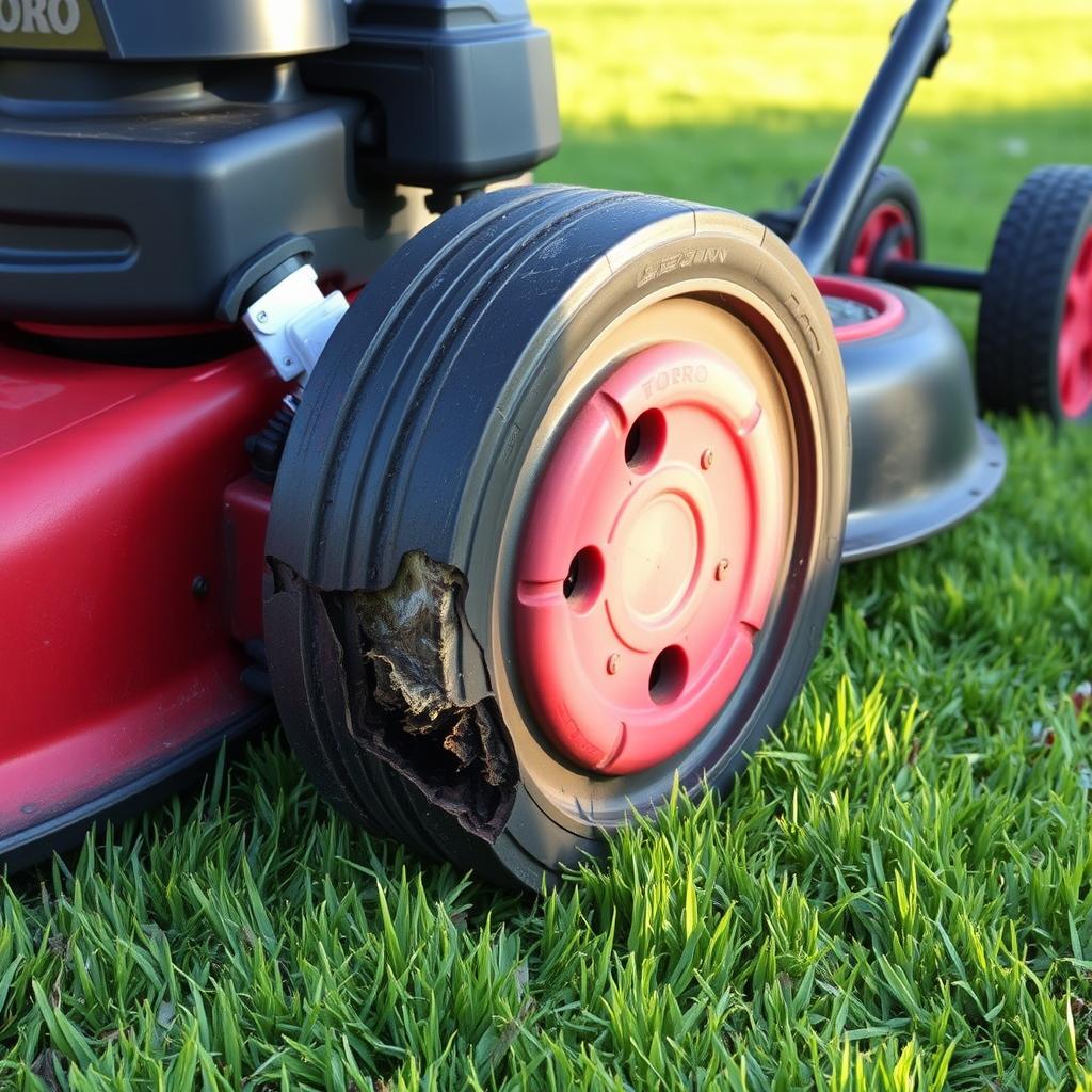 A Toro Recycler 20340 lawnmower with a damaged rear wheel and tire. The wheel is misaligned, with visible signs of wear and tear, possibly due to uneven terrain or improper maintenance. The background shows a well-manicured lawn, with the mower positioned at a slight angle, highlighting the problematic wheel. Warm, natural lighting casts subtle shadows, creating depth and texture. The scene conveys a sense of concern and the need for repair, setting the stage for the &quot;Tire and Wheel Concerns&quot; section of the article.