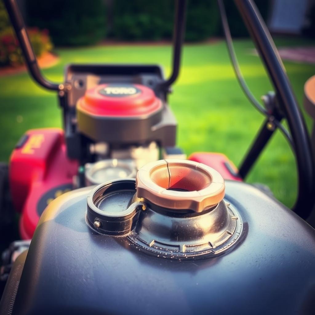 A Toro Recycler lawn mower with a fuel system problem. In the foreground, a close-up view of the gas tank cap, revealing a broken or malfunctioning seal. In the middle ground, the engine compartment is slightly open, exposing the fuel line and carburetor components. The background shows a lush, well-manicured lawn, suggesting the mower's typical operating environment. Warm, natural lighting illuminates the scene, creating a sense of realism. The mood is one of frustration and concern, as the user attempts to diagnose and fix the fuel-related issue preventing the mower from functioning properly.