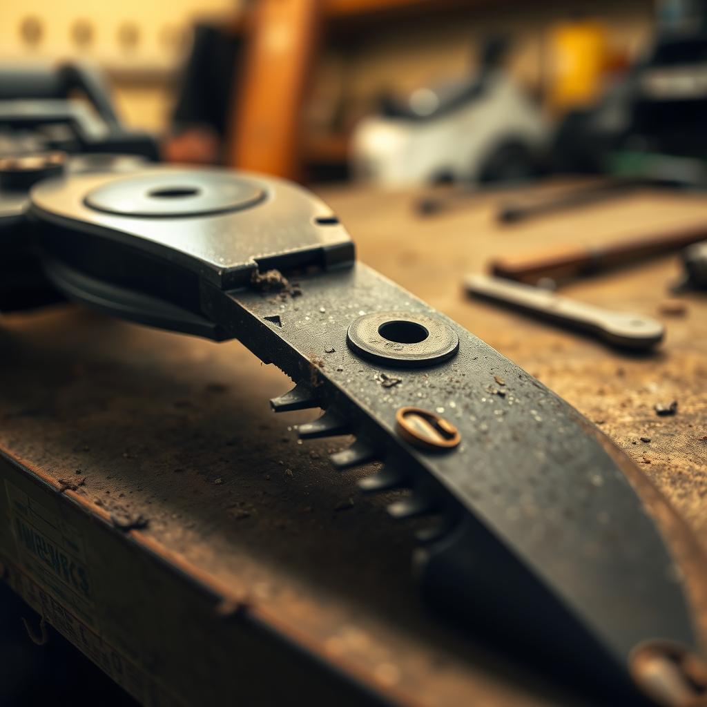 A close-up view of a damaged Greenworks 25022 lawn mower blade resting on a workbench. The blade's jagged, worn edges and nicks suggest heavy use and impact damage. Soft, warm lighting from above casts long shadows, emphasizing the blade's worn, industrial texture. The background is blurred, keeping the focus on the blade's intricate details and mechanical flaws. The overall mood is one of thoughtful, technical examination, hinting at the challenges of troubleshooting and repairing this specific lawn mower model.