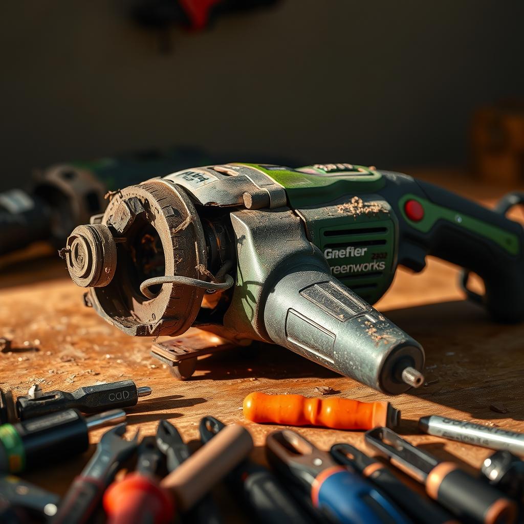 A diminished Greenworks 25022 power tool lying on a workbench, its casing partially disassembled to reveal its internal components. The tool appears worn and neglected, with a dull finish and frayed wires. Warm, directional lighting casts dramatic shadows, emphasizing the tool's impaired functionality. The middle ground shows an array of common maintenance tools, hinting at potential solutions to the issue. The background is blurred, keeping the focus on the troubled power tool as the central subject.