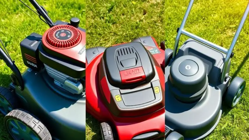 Different lawn mower power sources: gas, battery, and manual options for summer mowing