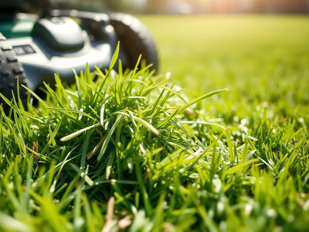 Lawn mower mulching grass clippings to improve summer lawn health