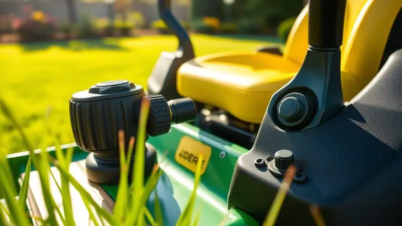 Extreme close-up of 0 turn lawn mowers John Deere controls, seat, and sunlit grass, showcasing precision and vibrant colors.