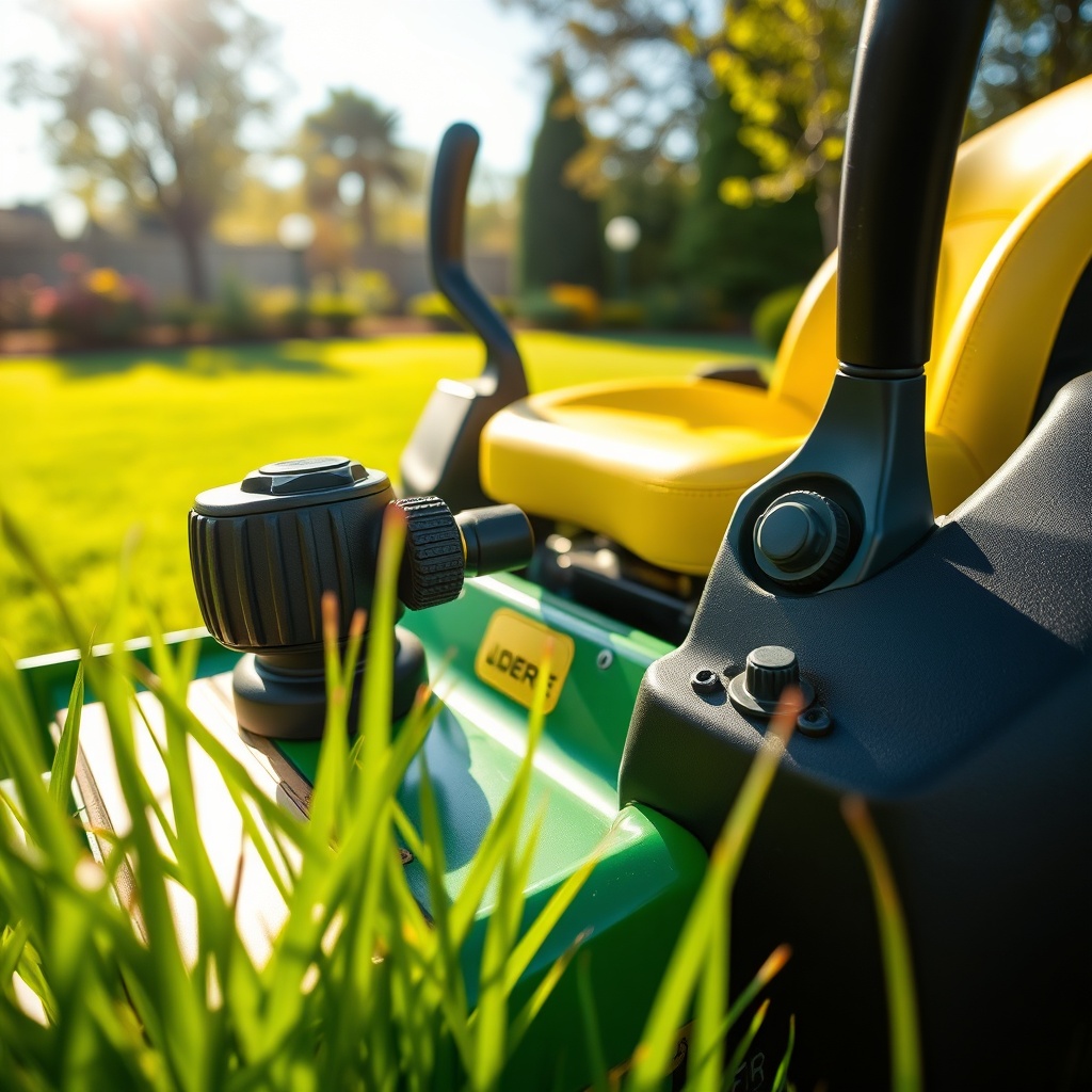 Extreme close-up of 0 turn lawn mowers John Deere controls, seat, and sunlit grass, showcasing precision and vibrant colors.