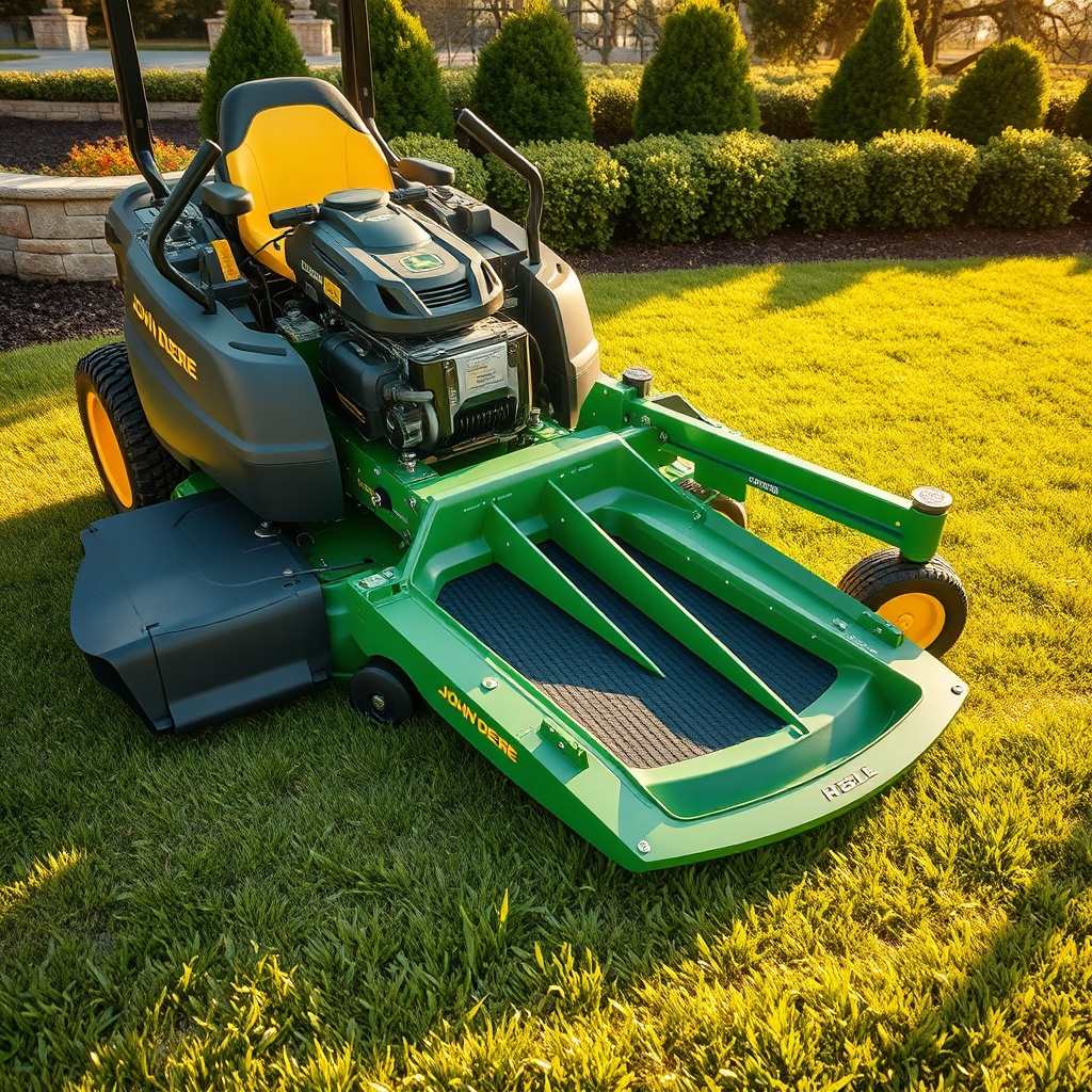 0 turn lawn mowers John Deere parked on a freshly mown lawn, showcasing engine details and interchangeable cutting decks.