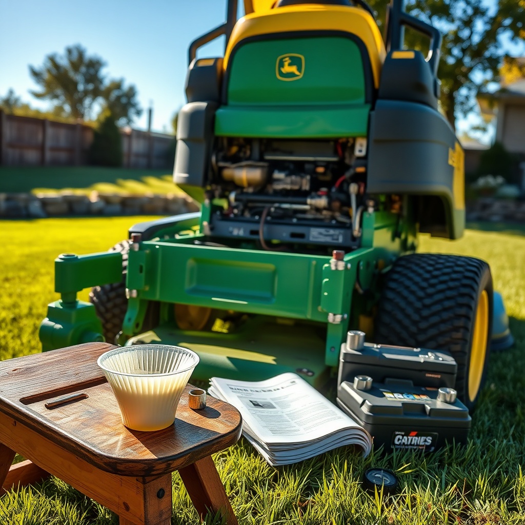0 turn lawn mowers John Deere parked on a sunlit lawn, open for maintenance with tools and oil filter nearby.
