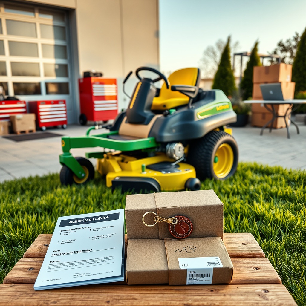 Green-and-yellow 0 turn lawn mowers John Deere parked between a lawn and dealership, showcasing service vs. online retail.