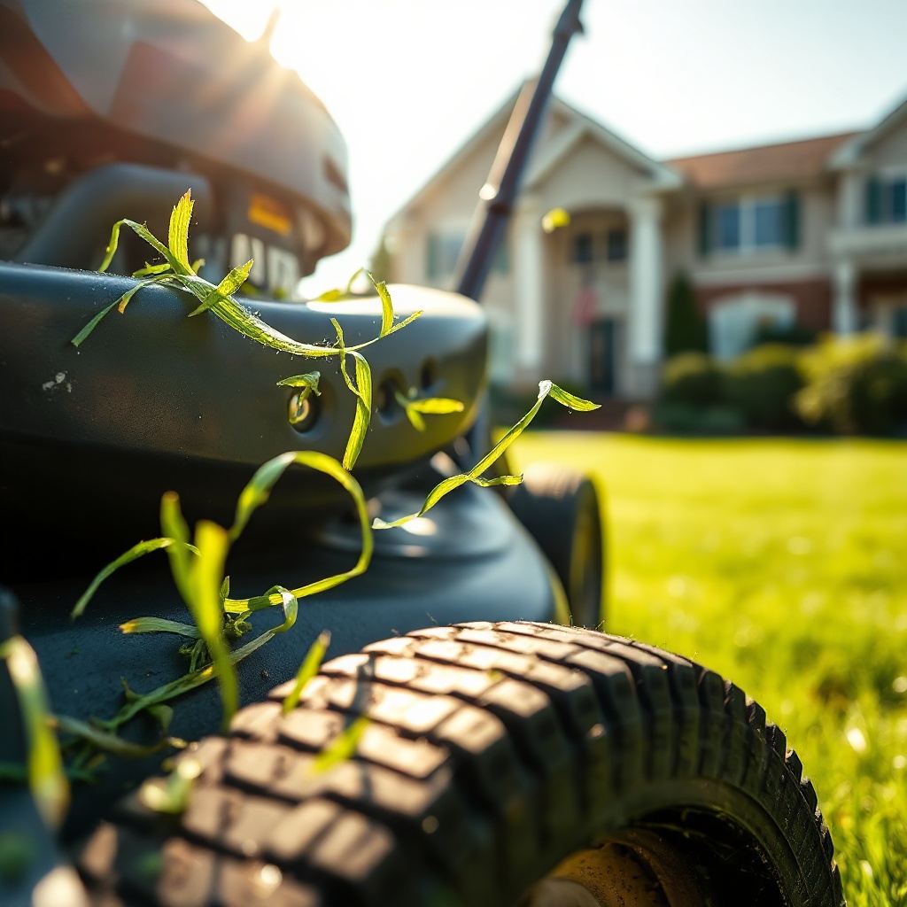 A Bad Boy mower in action, spraying green grass clippings against a sunlit lawn, showcasing detailed textures and movement.