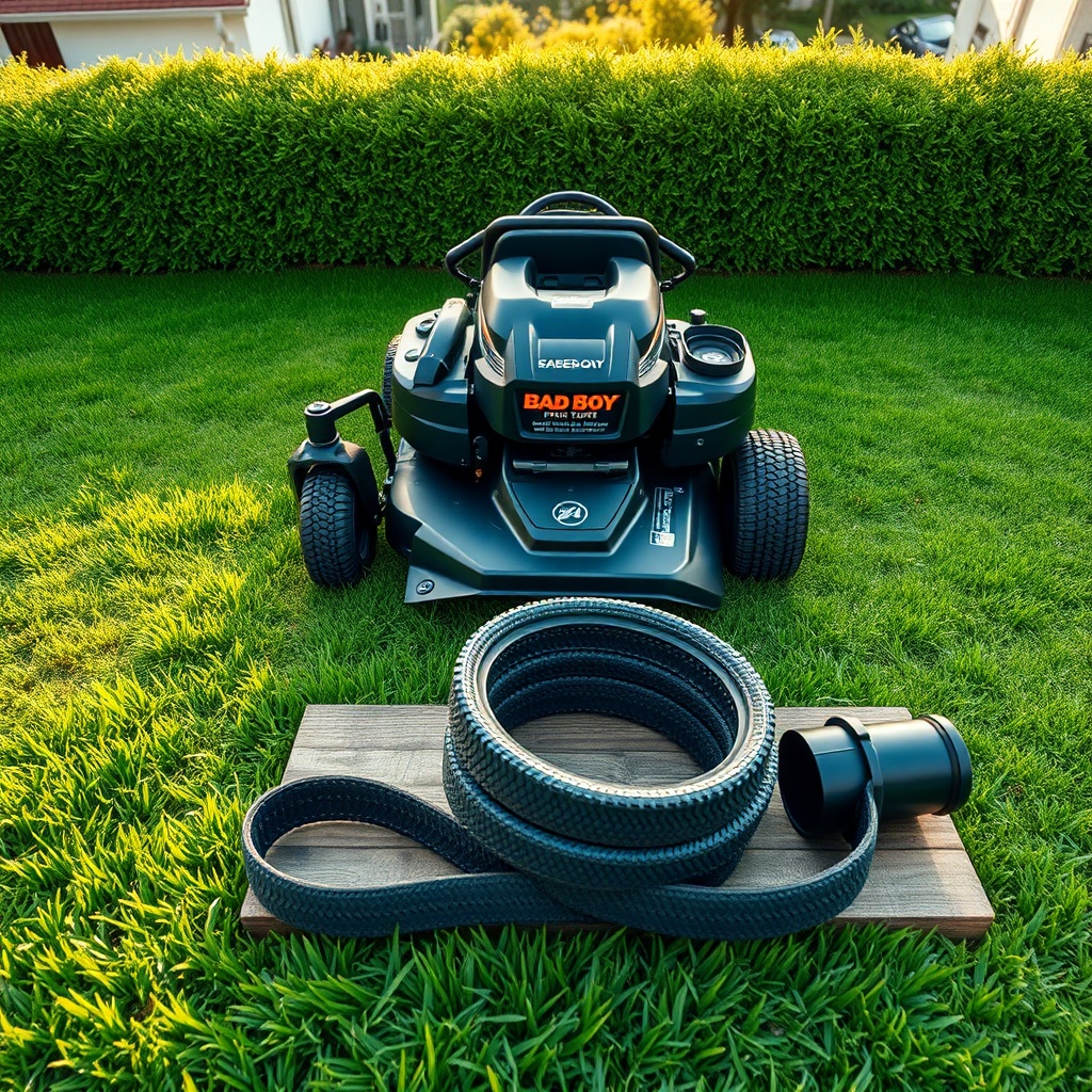 A Bad Boy mower on a clipped lawn, showcasing its sleek design, with vibrant turf and a blurred suburban backdrop.