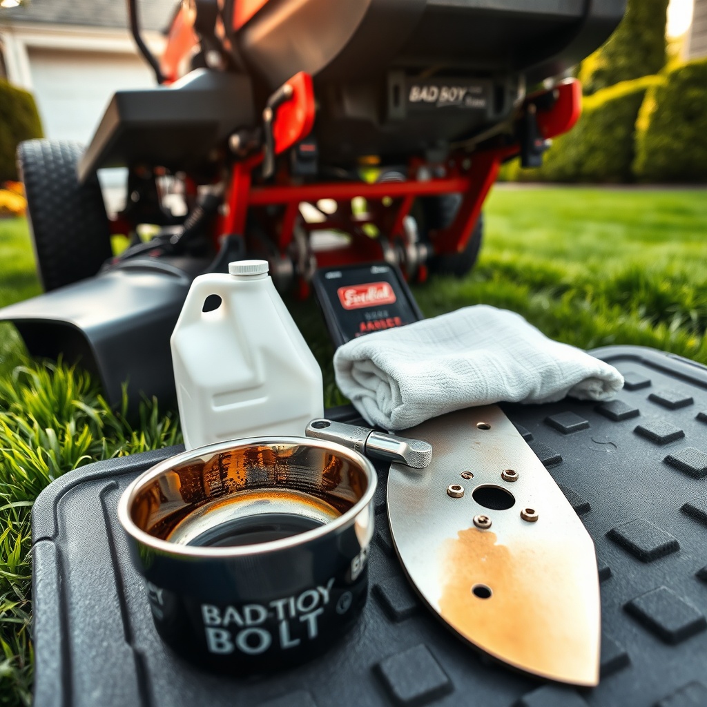 A Bad Boy mower on a manicured lawn, surrounded by tools and oil catch pan, with sunlit grass and hedges in the background.