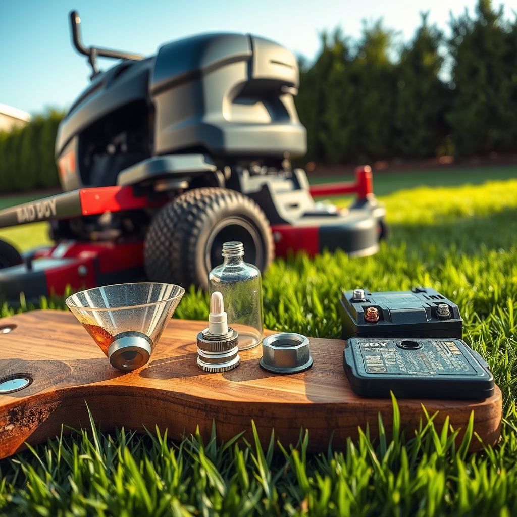 A Bad Boy mower with engine open, surrounded by maintenance tools on a green lawn, under a sunny suburban sky.