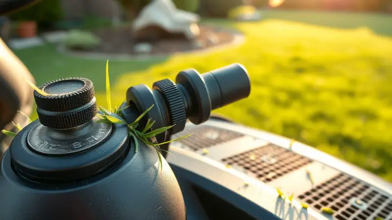 Extreme close-up of a zero turn rider mower's controls, with grass clippings and a sunlit lawn in the background.