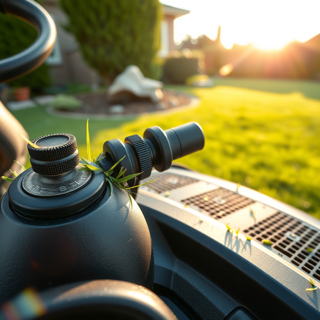 Extreme close-up of a zero turn rider mower's controls, with grass clippings and a sunlit lawn in the background.