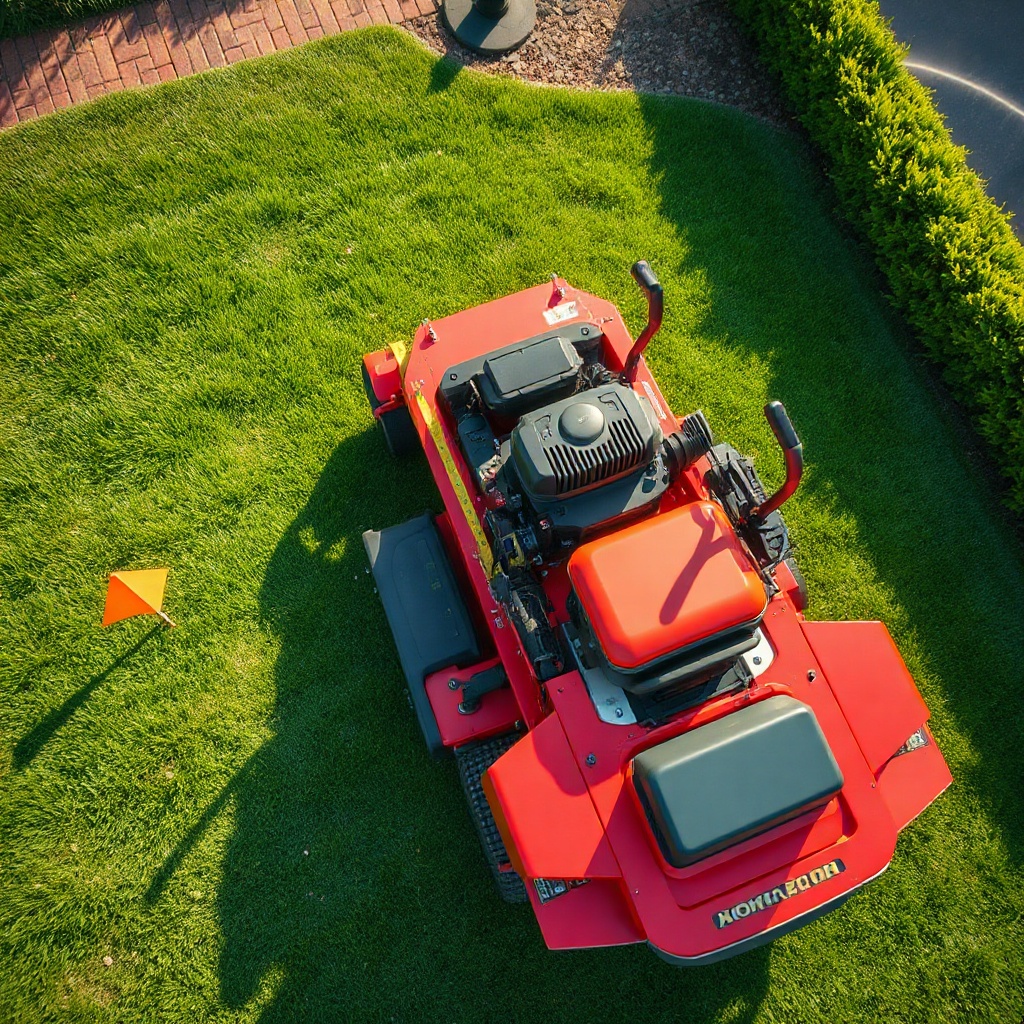 Top-down view of a zero turn rider mower on a sunlit lawn, showcasing cut grass, tools, and a tidy landscape.