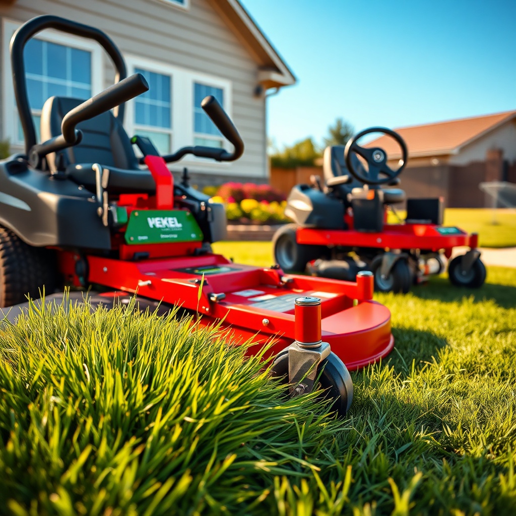 Two zero turn rider mowers on a freshly mown lawn, with a house and flowerbed in the background under a clear blue sky.