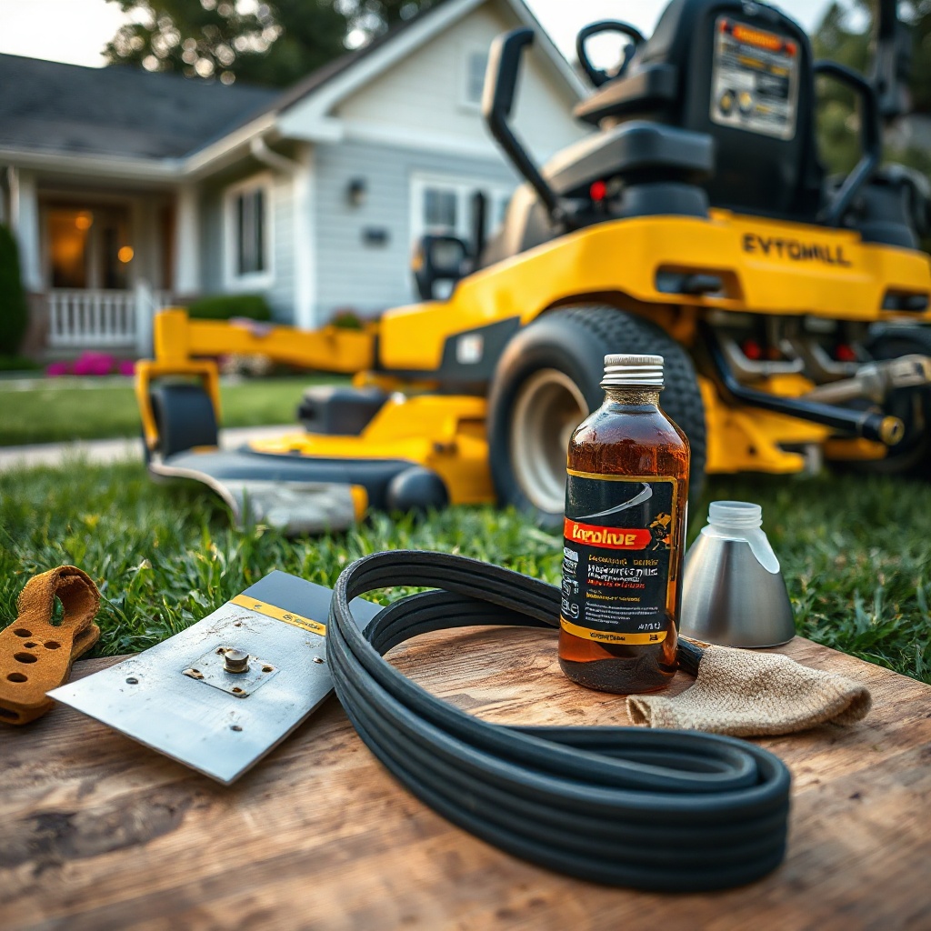 A zero turn rider mower cuts a suburban lawn, with mower blades and tools on a tray in the foreground, sunlight illuminating the scene.