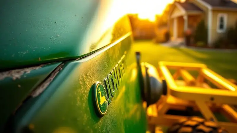 Close-up of a glossy John Deere tractor hood, showcasing fine details and a warm afternoon glow, evoking hardworking deere tractors.