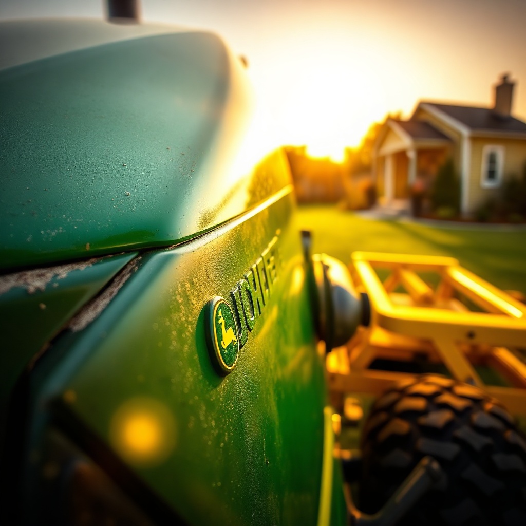 Close-up of a glossy John Deere tractor hood, showcasing fine details and a warm afternoon glow, evoking hardworking deere tractors.