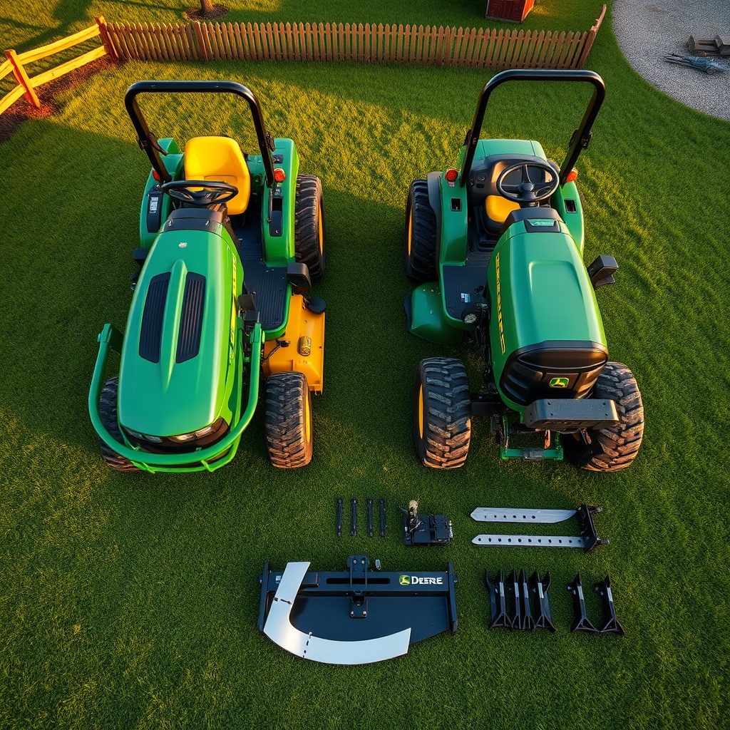Top-down view of two deere tractors on a mown lawn, showcasing attachments and a suburban backdrop under golden light.