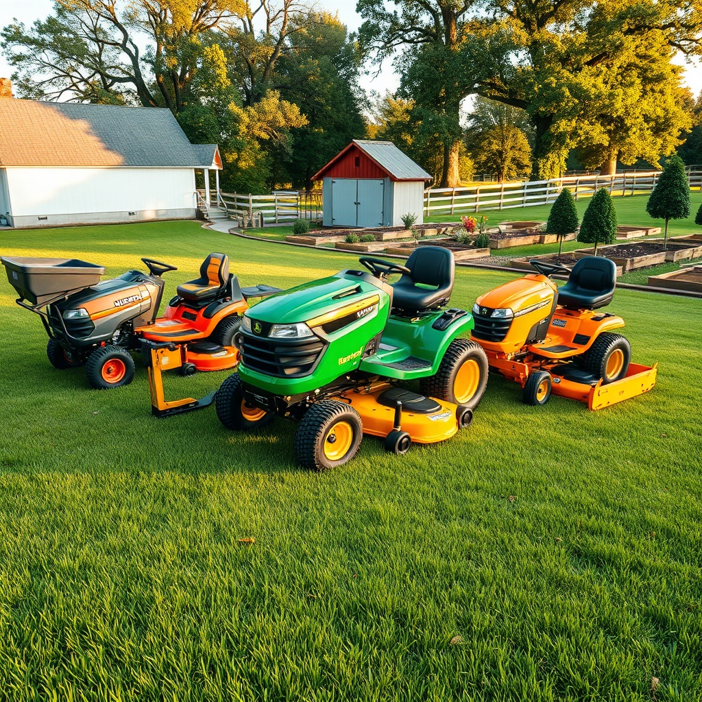 Four compact lawn tractors, including deere tractors, on a pristine lawn with a barn and trees in warm afternoon light.