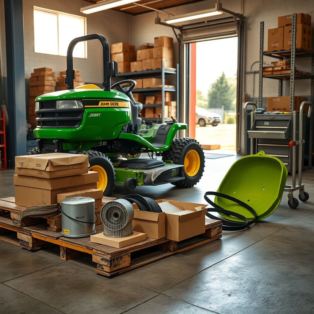 Compact John Deere tractor in service bay with mower deck removed; parts staged on pallet, sunlit lawn visible outside.