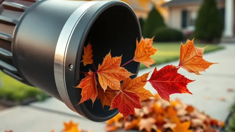 Close-up of a gas blower for leaves scattering colorful autumn foliage against a blurred suburban backdrop.