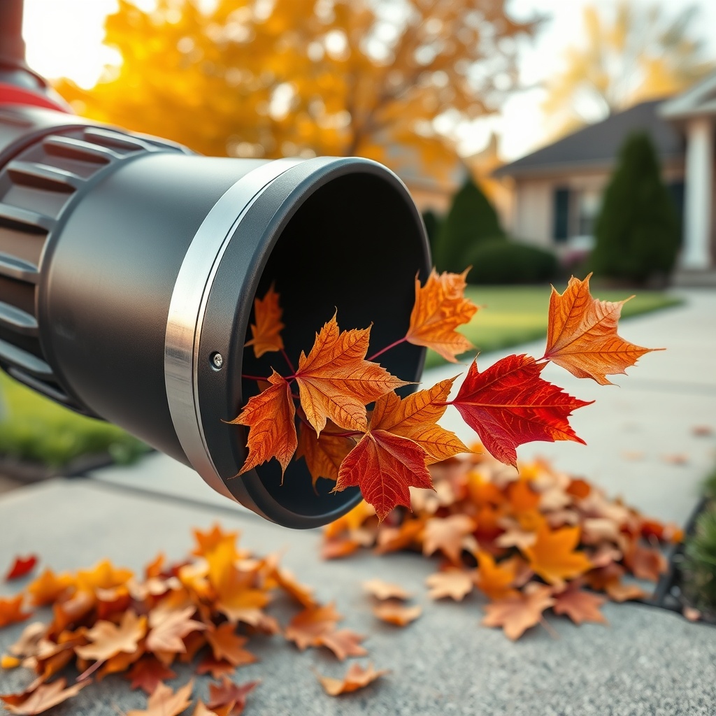 Close-up of a gas blower for leaves scattering colorful autumn foliage against a blurred suburban backdrop.