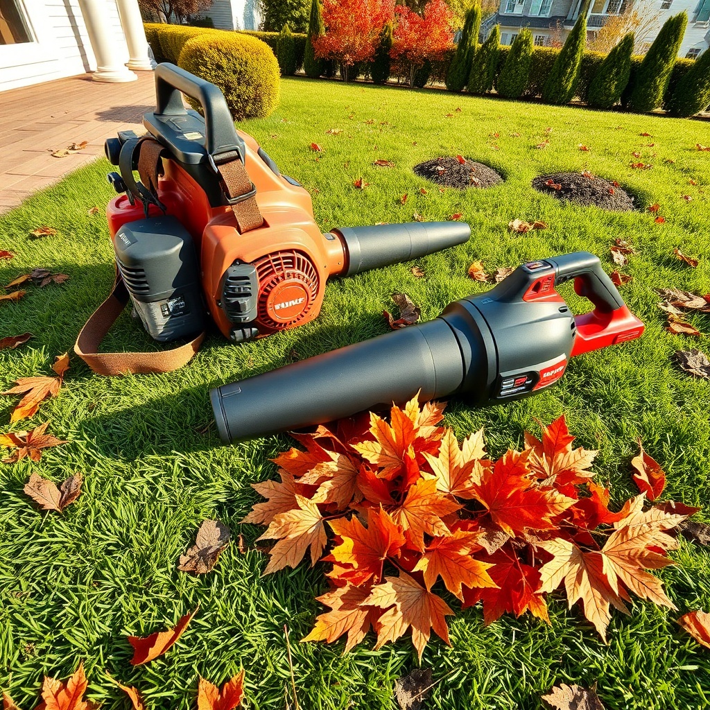 A gas blower for leaves comparison: a backpack and handheld blower on a sunlit lawn with swept leaves and vibrant foliage.