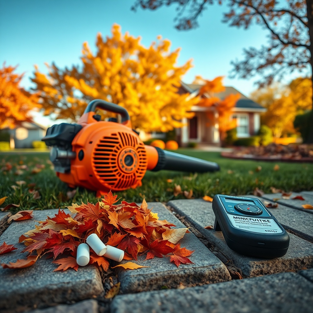 A gas blower for leaves rests on a lawn, surrounded by autumn leaves, earplugs, a notice card, and a sound meter.