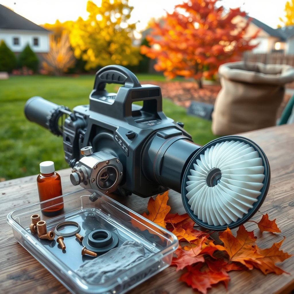 Gas blower for leaves disassembled on oak workbench, with parts and autumn leaves, set against a vibrant suburban yard.