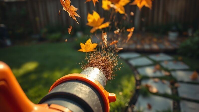 Close-up of a Stihl yard blower nozzle blasting leaves and clippings across a lawn, with a sunlit backyard in the background.
