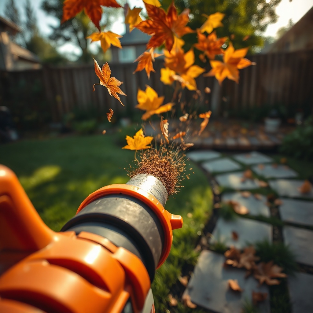 Close-up of a Stihl yard blower nozzle blasting leaves and clippings across a lawn, with a sunlit backyard in the background.