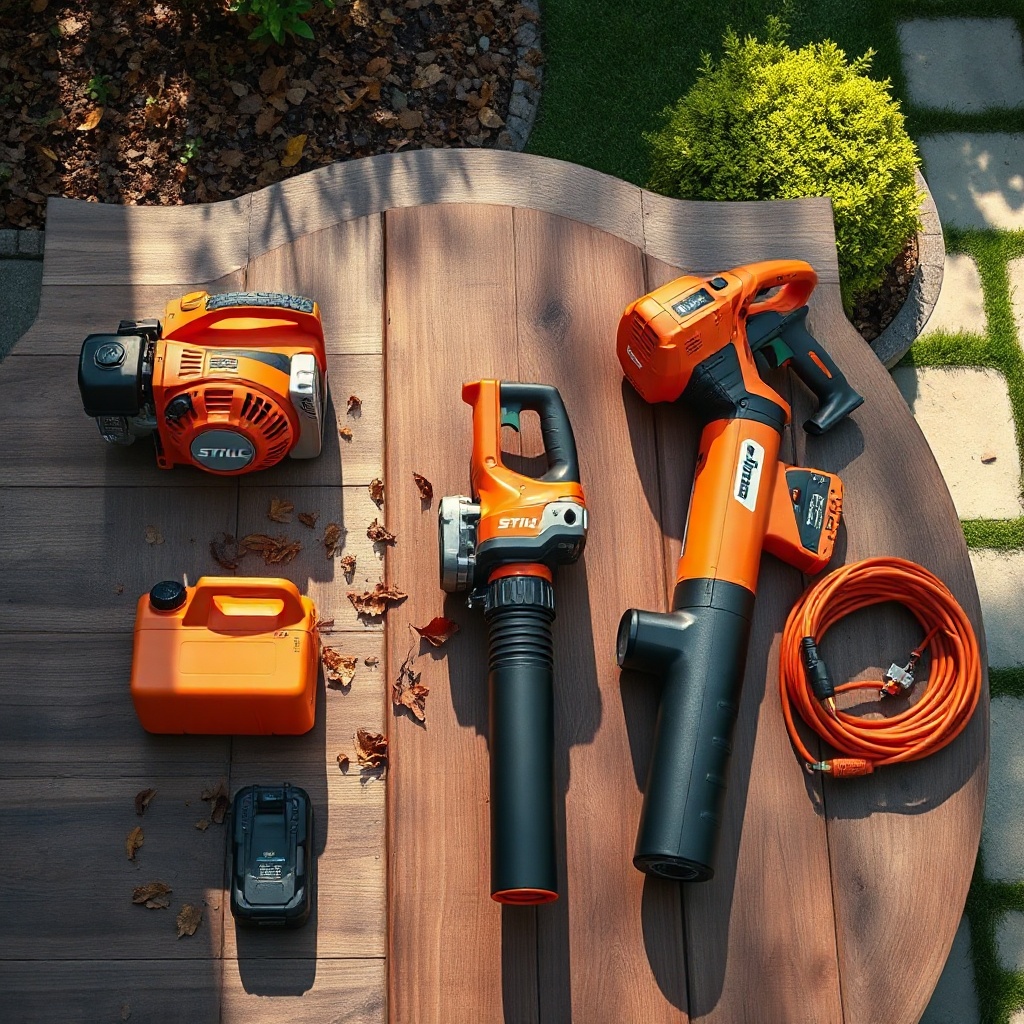 Three Stihl yard blowers in orange and black on a cedar table, surrounded by garden debris, tools, and sunlight.