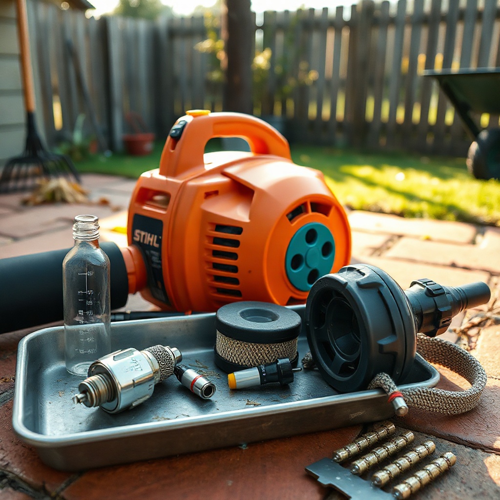 Orange Stihl yard blower angled at a leaf pile, with fuel-mix bottle and maintenance tray in a sunlit backyard setting.