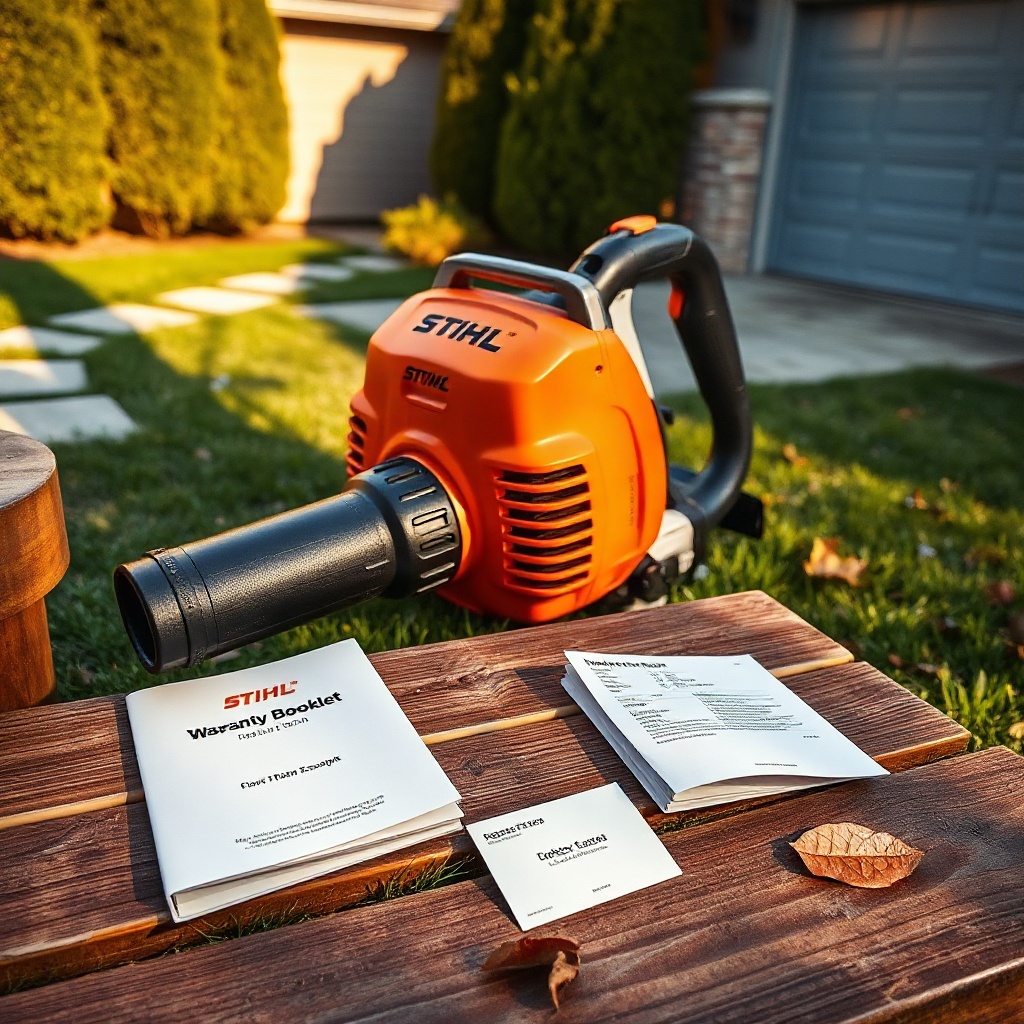 Bright orange Stihl yard blower on lawn with warranty booklet, receipt, and leaves, set in a tidy suburban backyard.