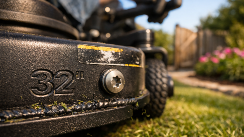 Close-up of a compact zero-turn mower deck, showcasing details of the smallest zero turn lawn mowers with green clippings.