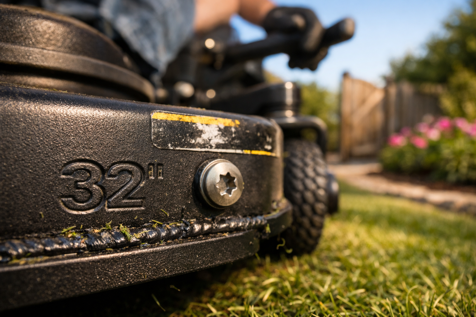 Close-up of a compact zero-turn mower deck, showcasing details of the smallest zero turn lawn mowers with green clippings.
