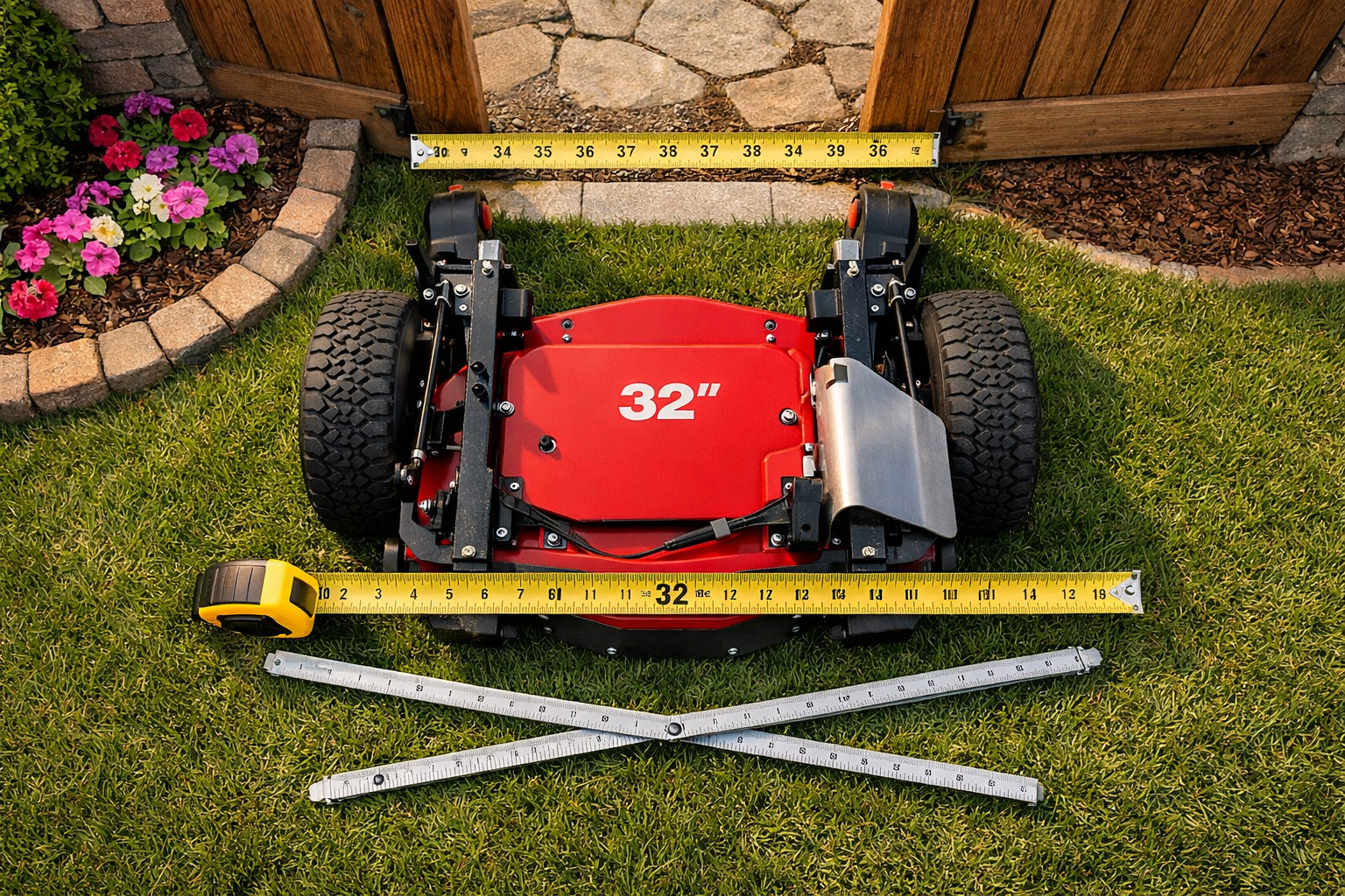 Overhead view of a compact mower near a gate, showcasing the smallest zero turn lawn mowers with measuring tools on grass.