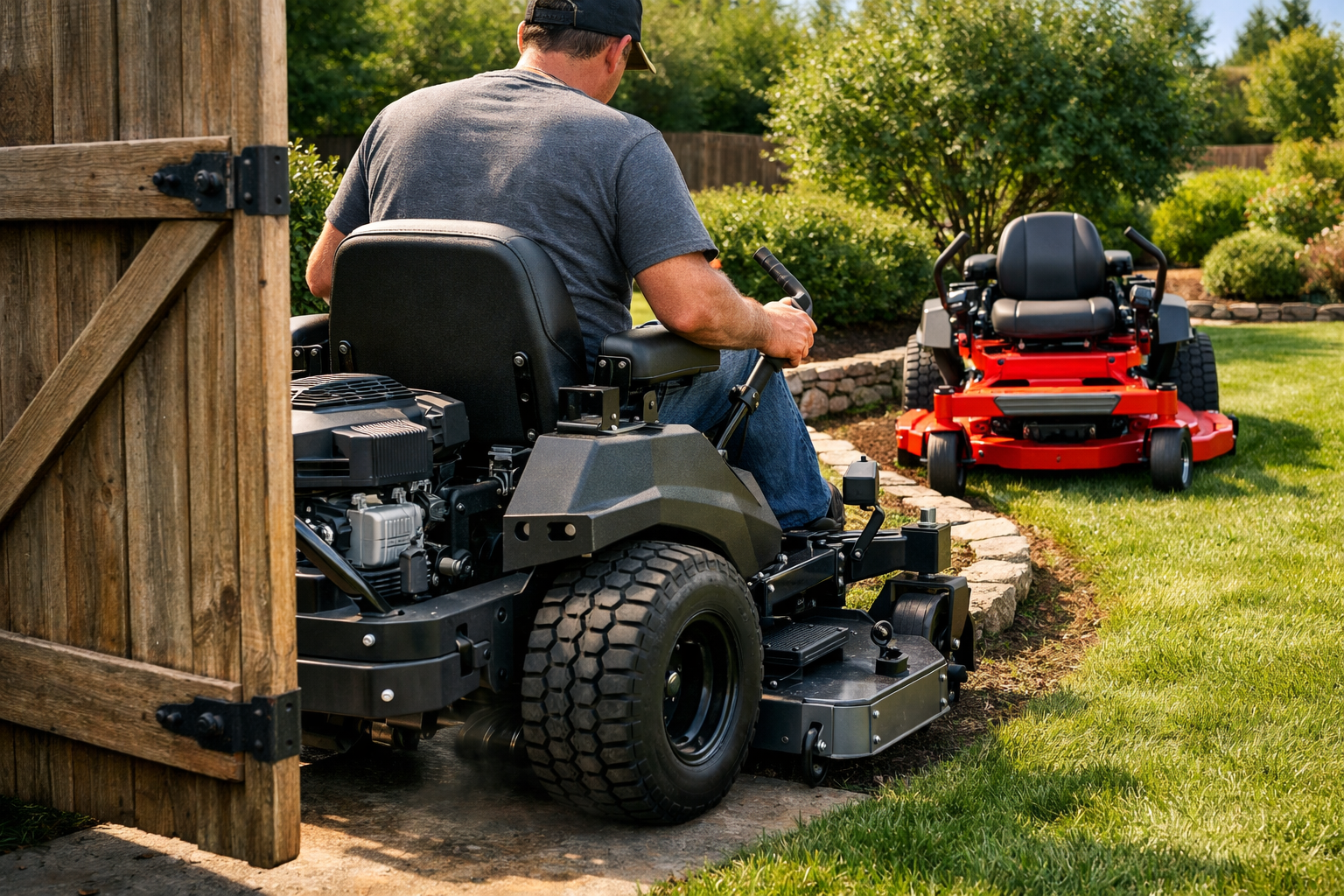 A homeowner guides two smallest zero turn lawn mowers through a wooden gate in a sunlit residential yard.