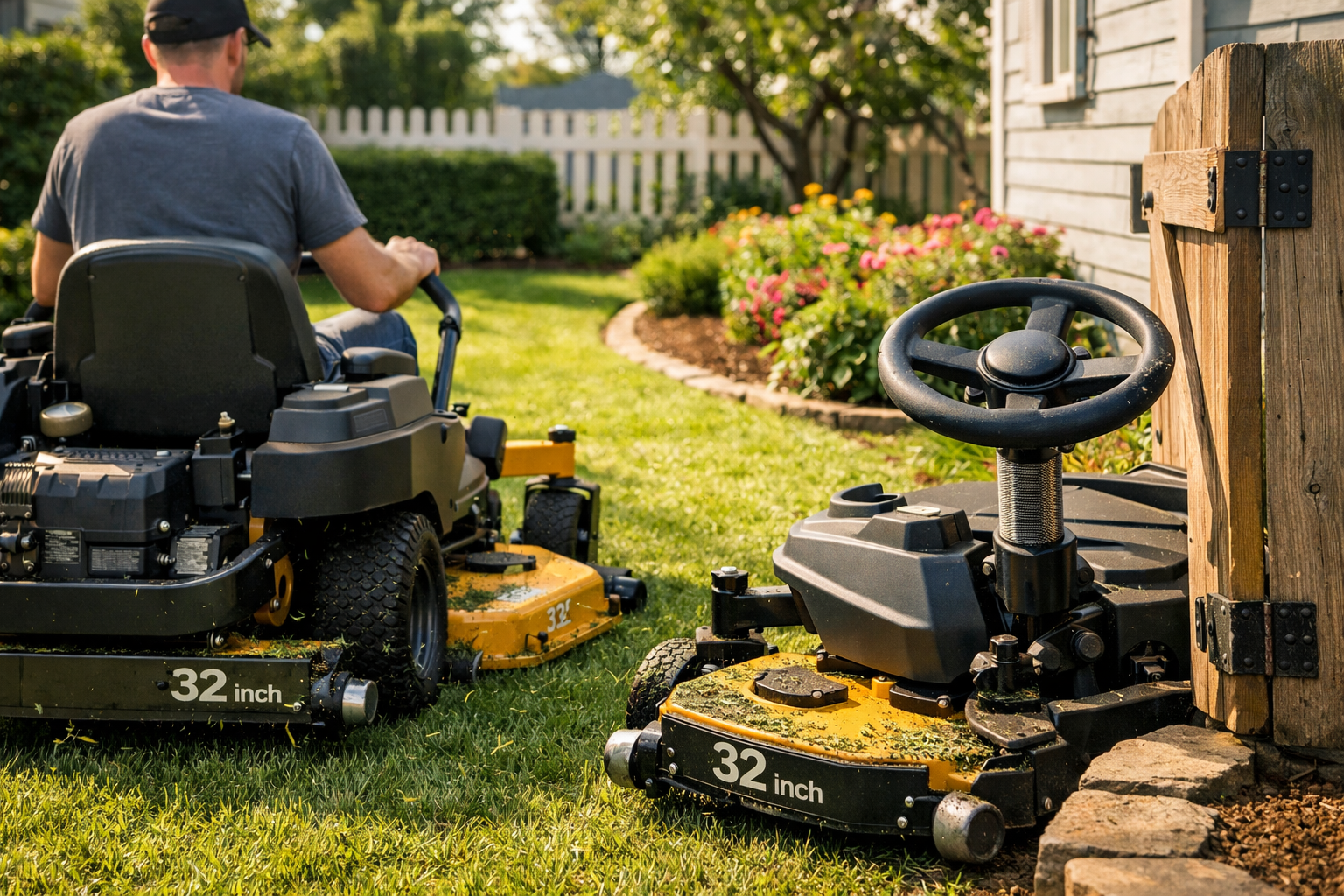 A sunlit suburban yard features the smallest zero turn lawn mowers, one in use and one parked by a flower bed.