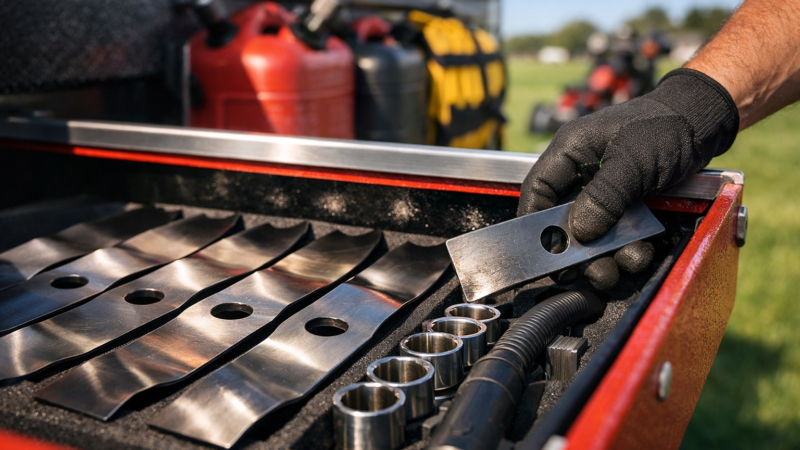 Extreme macro of a toolbox truck drawer, showcasing mower blades and tools, with a hand reaching in, sunlit background.