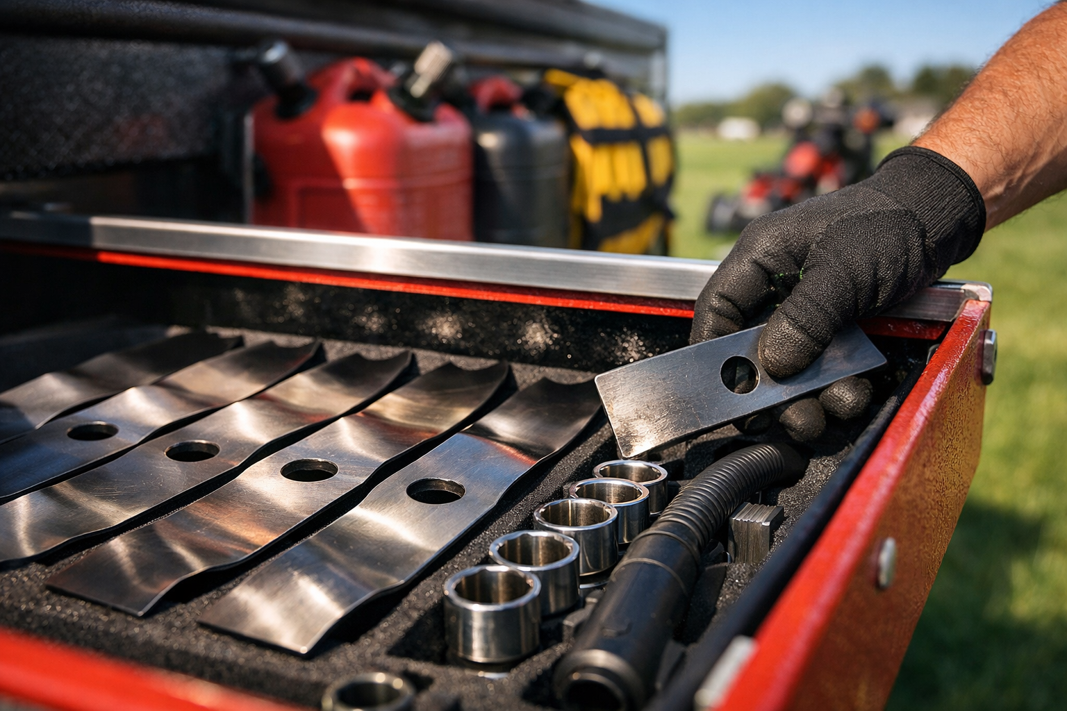 Extreme macro of a toolbox truck drawer, showcasing mower blades and tools, with a hand reaching in, sunlit background.