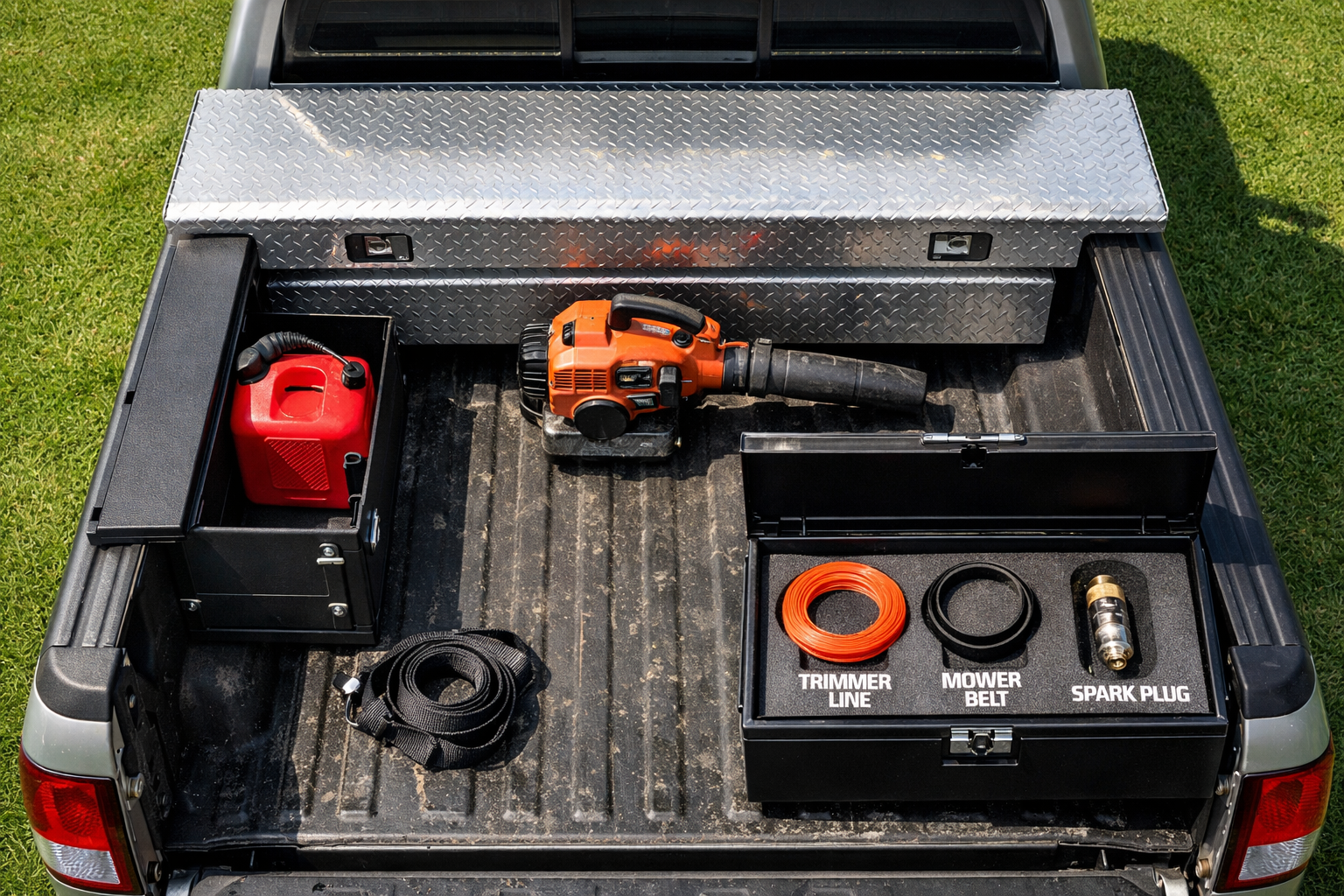 Overhead view of a toolbox truck bed with three distinct toolboxes on a mown lawn, showcasing various materials and details.