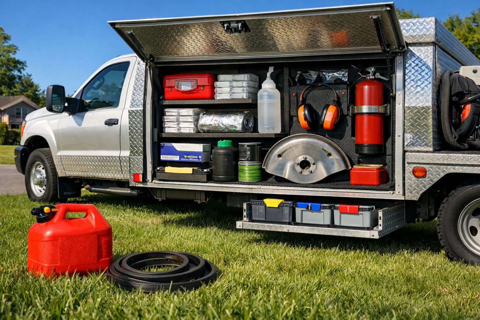 Toolbox truck parked on a freshly mown lawn, showcasing organized equipment and a clear blue sky in the background.