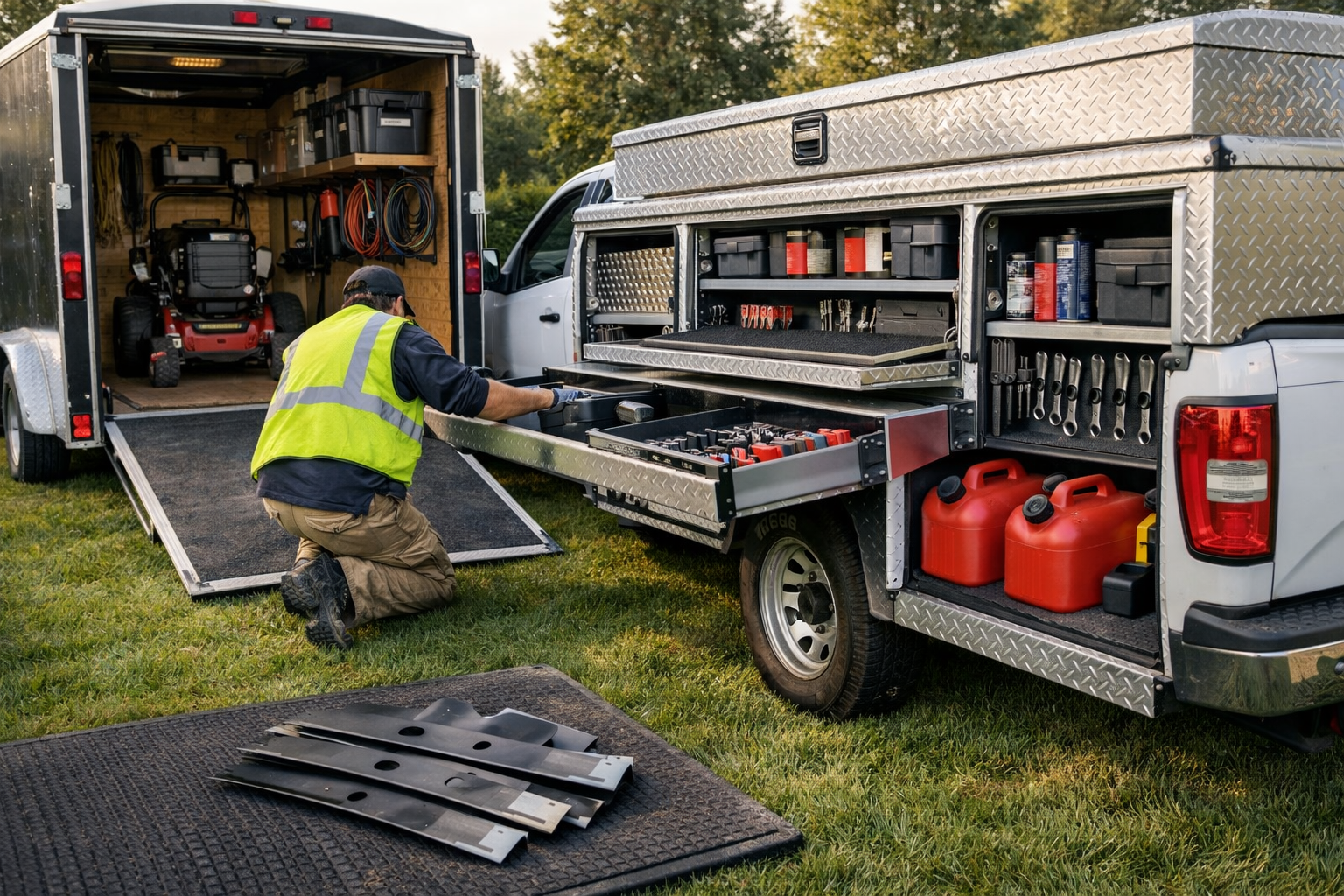 A toolbox truck parked on a lawn, open compartments reveal tools and fuel canisters; a worker retrieves a mower battery.