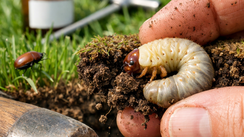 Extreme macro shot of a pale grub in a gardener's fingers, revealing turf damage in a vibrant lawn care scene.