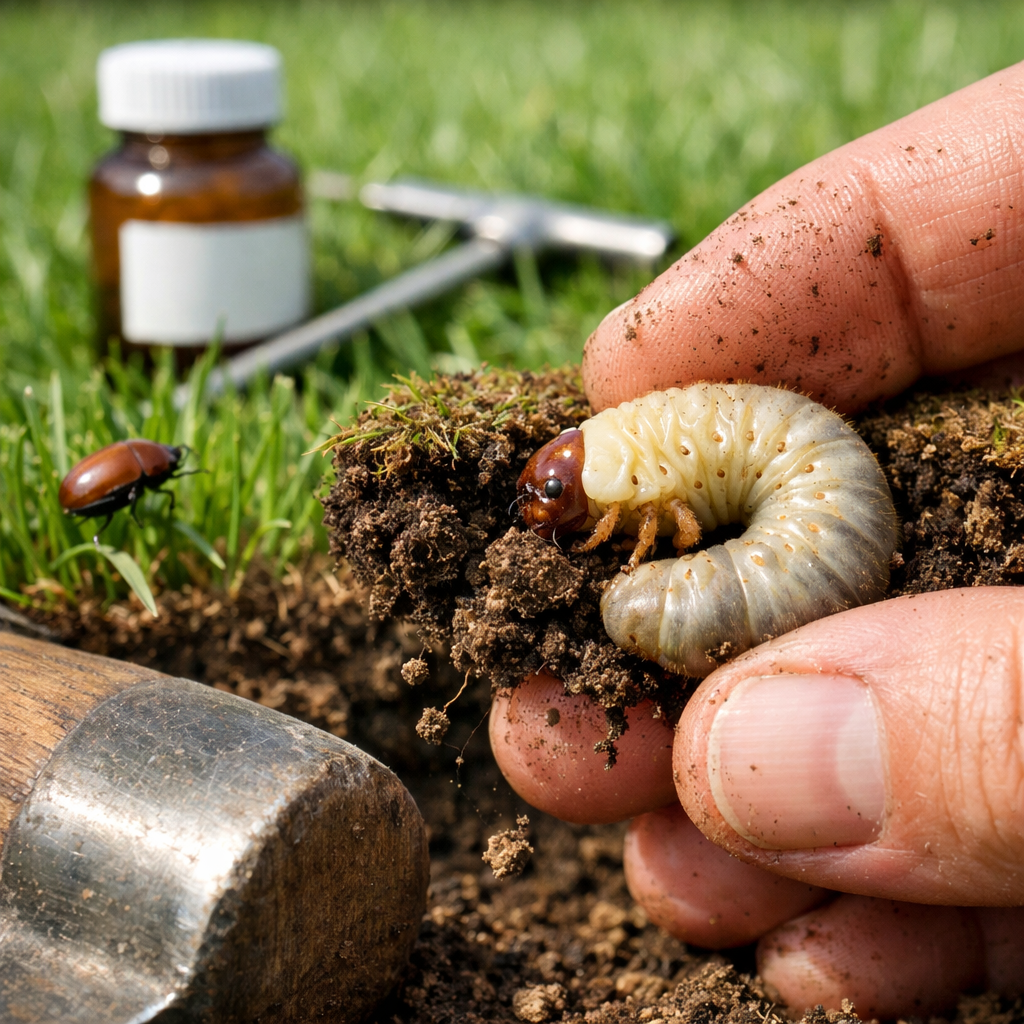 Extreme macro shot of a pale grub in a gardener's fingers, revealing turf damage in a vibrant lawn care scene.
